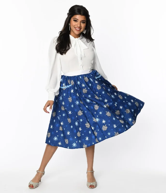 Unique Vintage Blue Hanukkah Print Susannah Swing Skirt