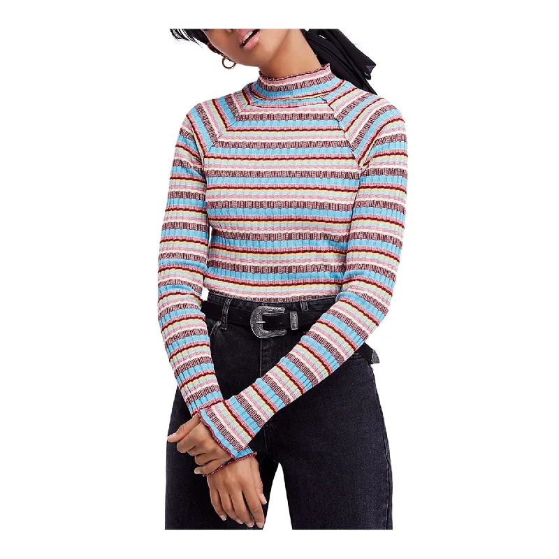 Free People Womens Striped Mock Neck Pullover Sweater, Blue, X-Small