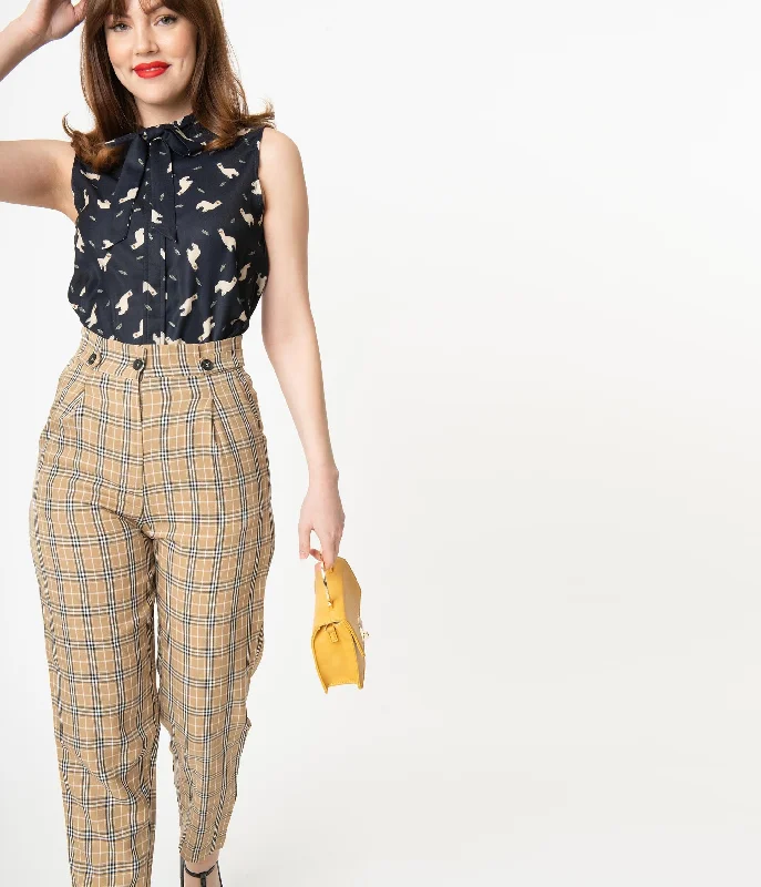 Retro Style Tan & Black Plaid High Waist Pants