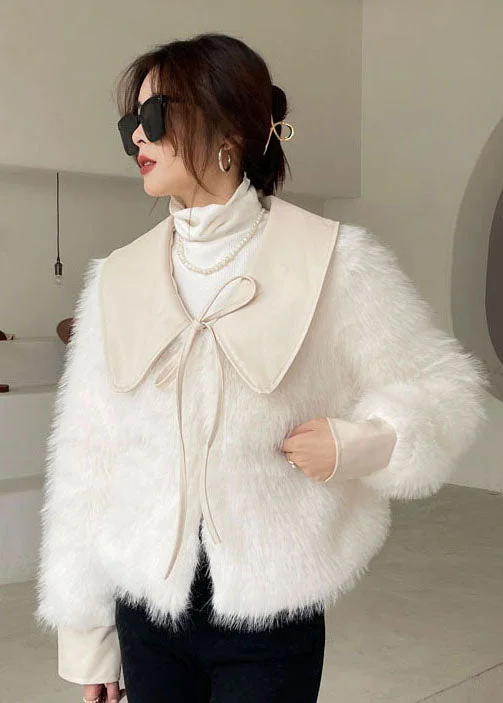 Stylish White Peter Pan Collar thick Mink Hair Winter outwear