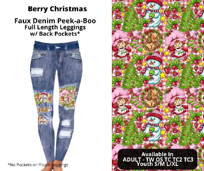 Berry Christmas Faux Denim Full Length Peekaboo Leggings