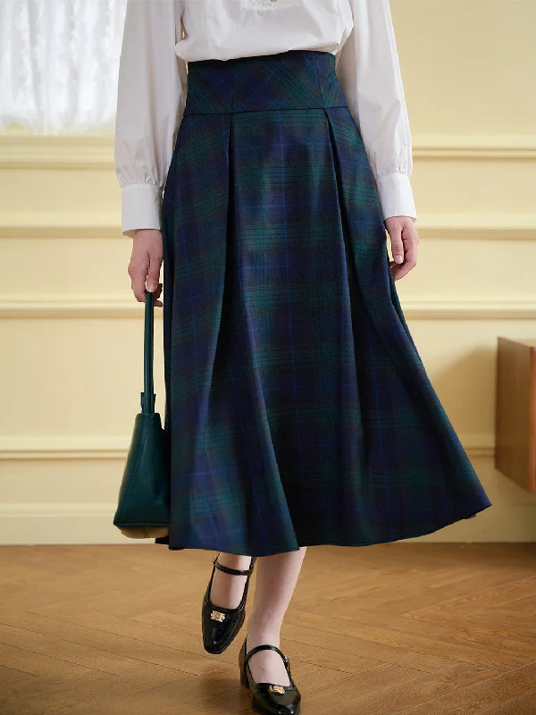 【Final Sale】Vivian Plaid Print Fold Pleated Detail Skirt