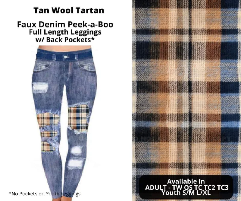 Tan Wool Tartan Faux Denim Full Length Peekaboo Leggings