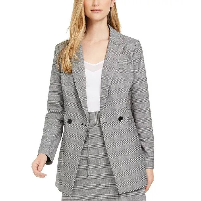 Calvin Klein Women's Plaid Double-Breasted Blazer Charcoal Size 0