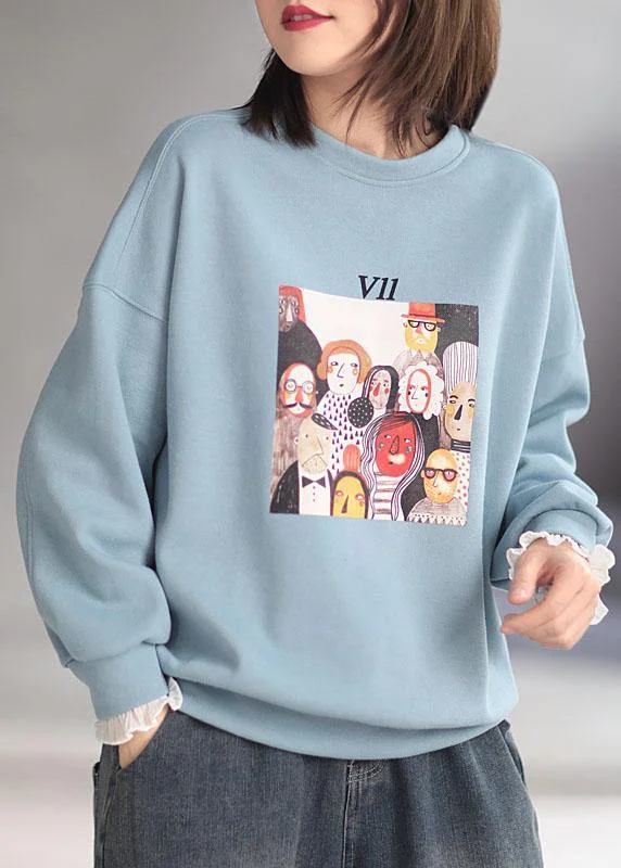 Comfy Blue Casual O-Neck Print Fall Sweatshirt