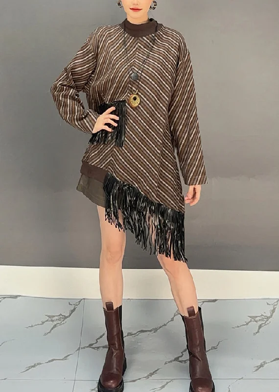 Bohemian Brown O-Neck Asymmetrical Tassel Wool Knit Long Sweater Dress Winter