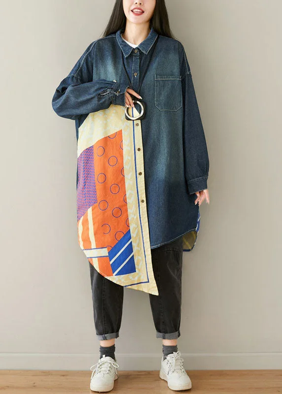 Style Blue Asymmetrical Pockets Patchwork Cotton denim Coats Spring