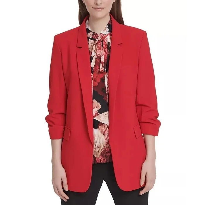 DKNY Women's Gathered-Cuff Open-Front Blazer Red Size 12 Petite - 12 Petite