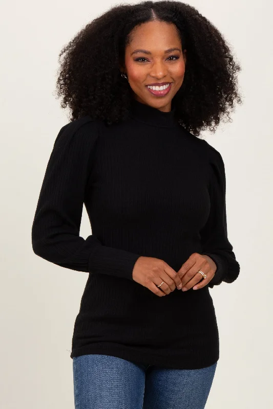 Black Ribbed Mock Neck Bubble Sleeve Top