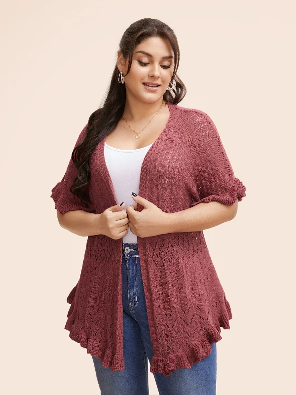 Plain Ruffles Pointelle Knit Cardigan