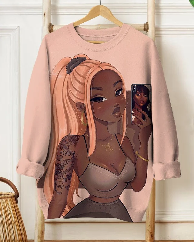 Brown Cartoon Girl Crewneck Sweatshirt