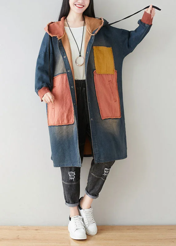 vintage Blue pockets Patchwork Hooded coats Spring