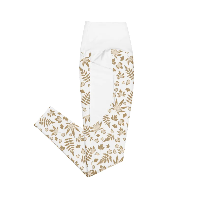 White Weed Flower Leggings With Pockets