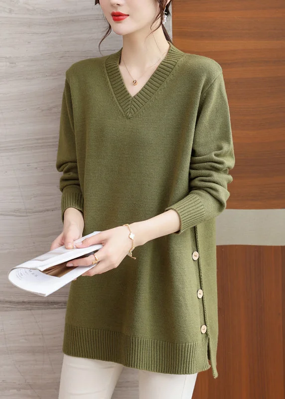 Italian Green V Neck Button Patchwork Woolen Sweaters Winter