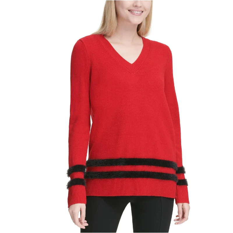 Calvin Klein Womens Faux Fur Striped Pullover Sweater, Red, X-Small