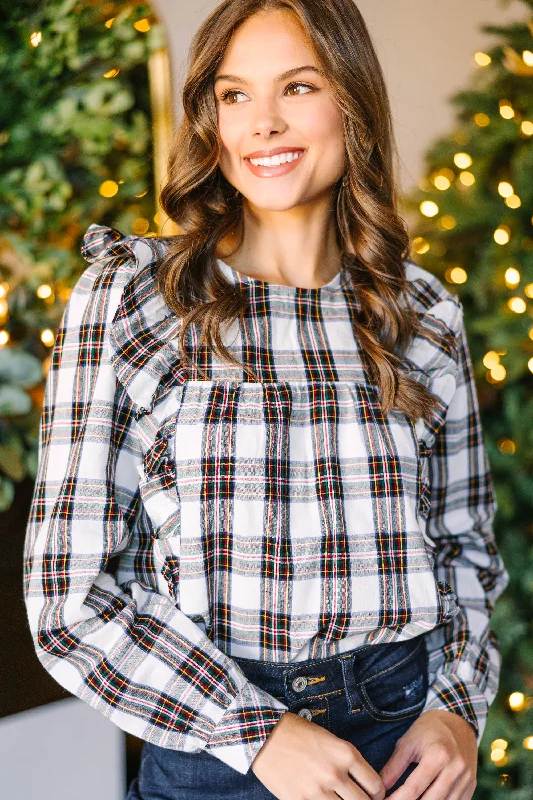 Such A Gift White Plaid Ruffled Blouse