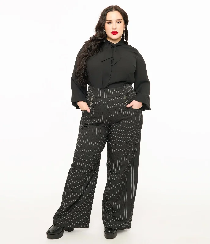 Unique Vintage Plus Size 1940s Black & White Pin Stripe High Waist Sailor Ginger Pants