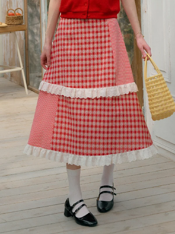 【Final Sale】Dalia Sweet Lace Contrasting Plaid Cake Skirt