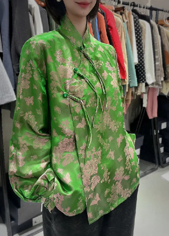 Chinese Style Green button Stand Collar Jacquard silk Coats Spring