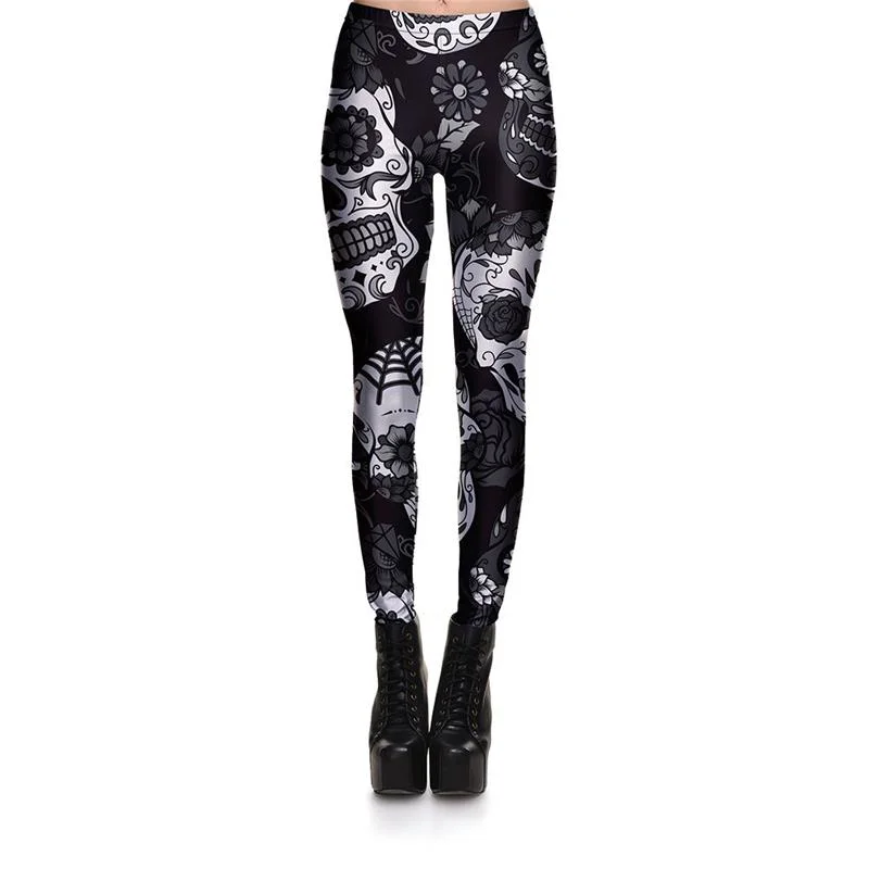 Women's Skull&flower Black Leggings Digital Print Trousers