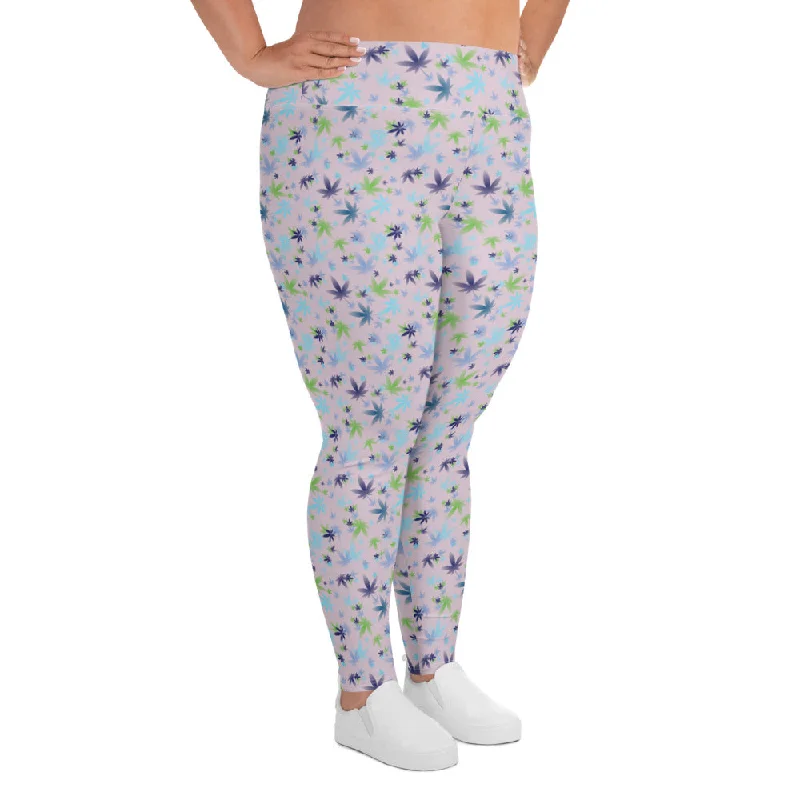 Purple Flowers Weed Leaf Plus Size Leggings