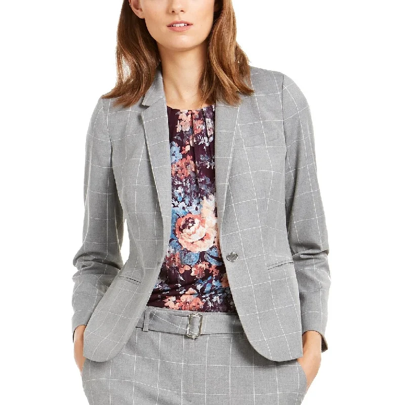 Calvin Klein Women's Windowpane Print Single Button Blazer Grey Size 6