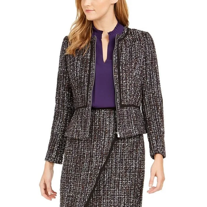 Calvin Klein Women's Tweed Zip-Front Collarless Jacket Black Size 10