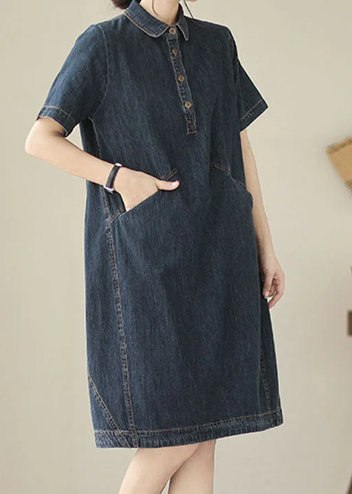 Italian Navy Peter Pan Collar Pockets Patchwork Denim Shirts Dress Summer