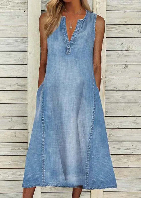 Modern Blue V Neck Washed Denim A Line Dress Sleeveless