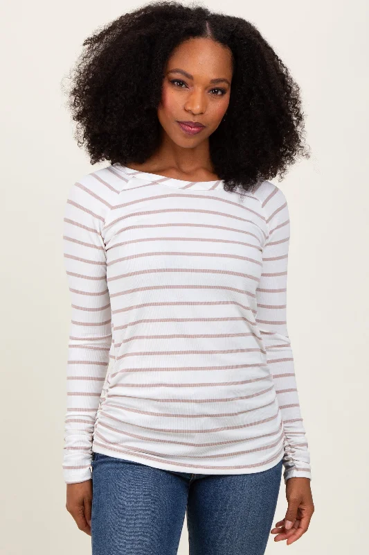 White Striped Ruched Side Long Sleeve Top