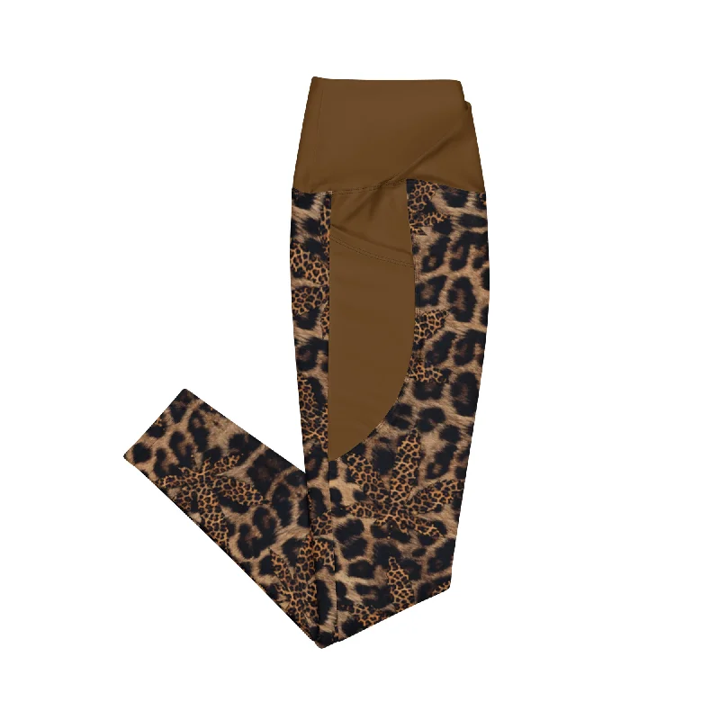 Brown Animal Print Crossover Leggings With Pockets