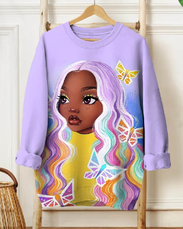 Colorful Butterfly Long Hair Girl Crewneck Sweatshirt