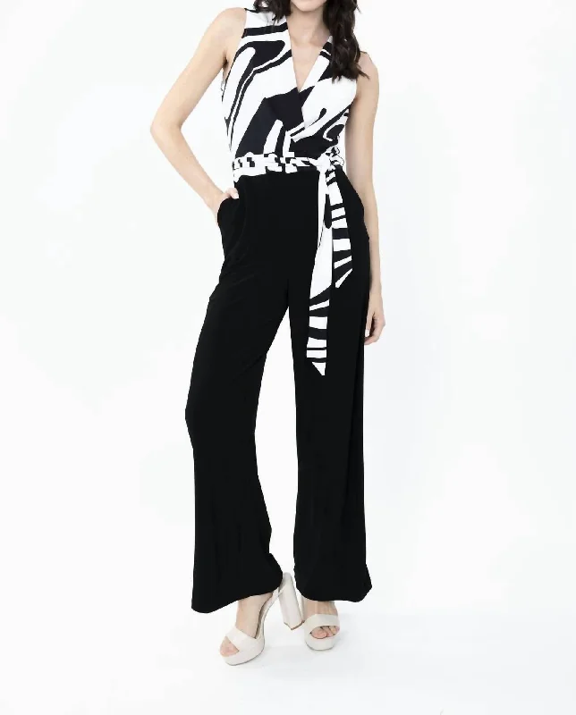 Belted Wrap V Neck Jumpsuit In Black/off White