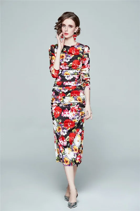 Black & Floral print Day Fitted Crewneck Bracelet Midi Dress