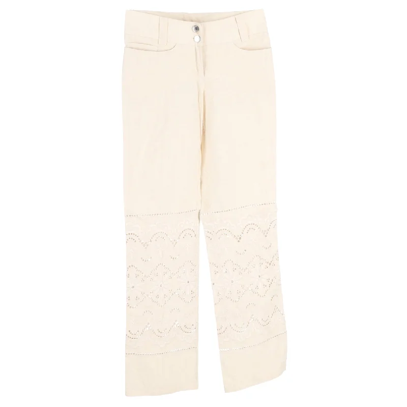 Dolce & Gabbana Lace Cutout Flower Trousers in White Linen