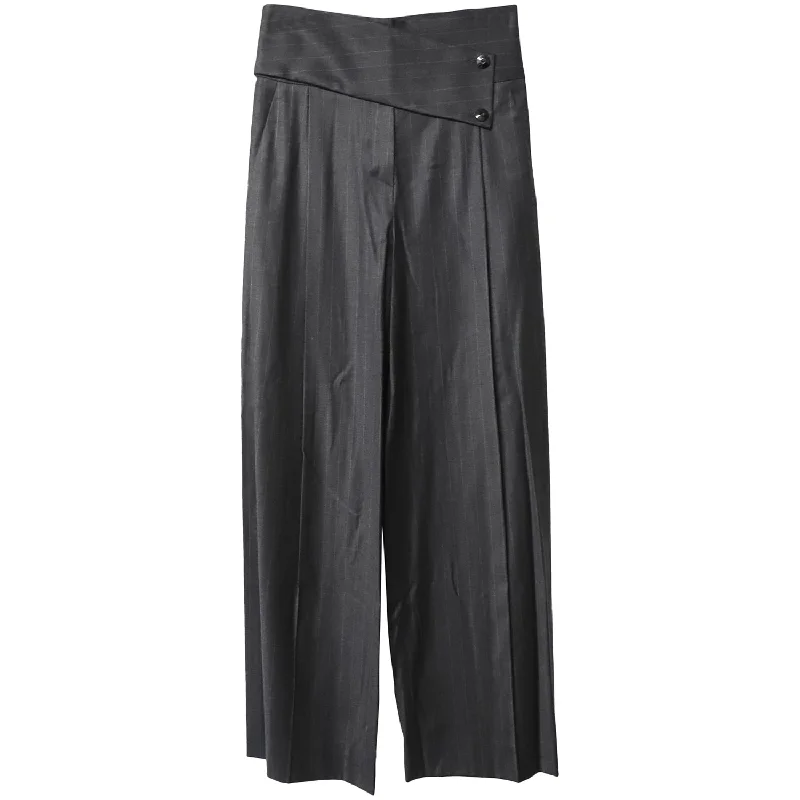 Emporio Armani Buttoned Asymmetric Waistband Wide Leg Trousers in Black Cotton