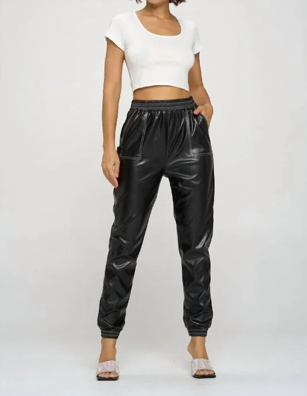 Faux Leather Jogger Pants In Black