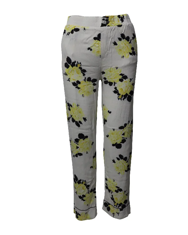 Ganni Floral Print Elastic Waist Trousers in White Viscose