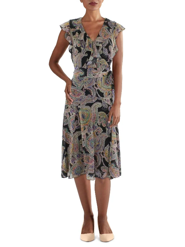 Womens Ruffled V Neck Midi Dress